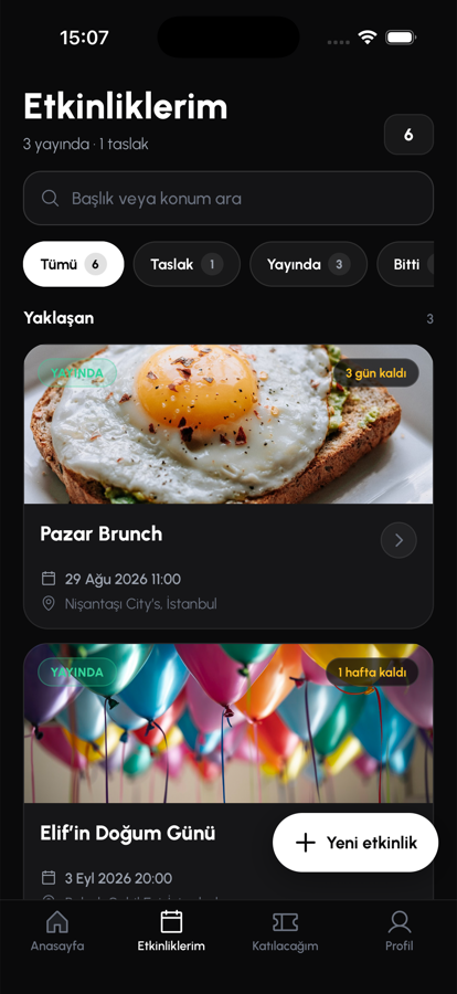 Etkinliklerim ekranı — yayındaki etkinlikler ve filtreler